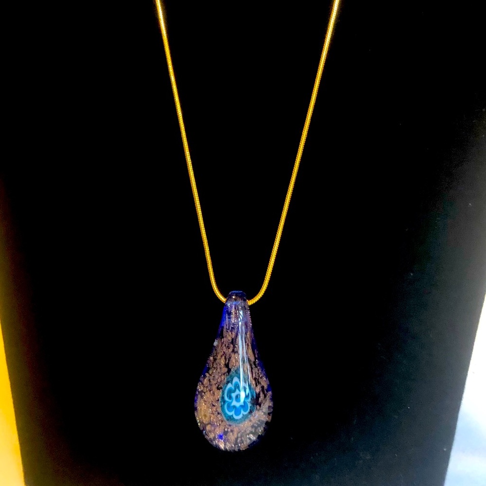 Artesian Glass Pendant Necklace 24 in. 18 kt gold over sterling silver chain.